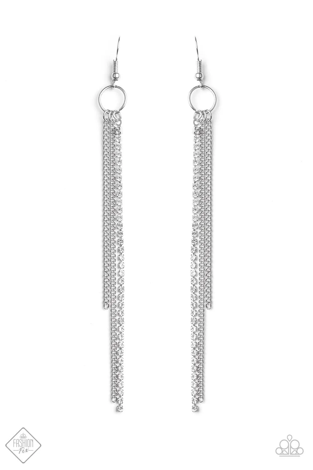 7 Days a SLEEK Silver and White Rhinestone Chain Earrings - Paparazzi Accessories