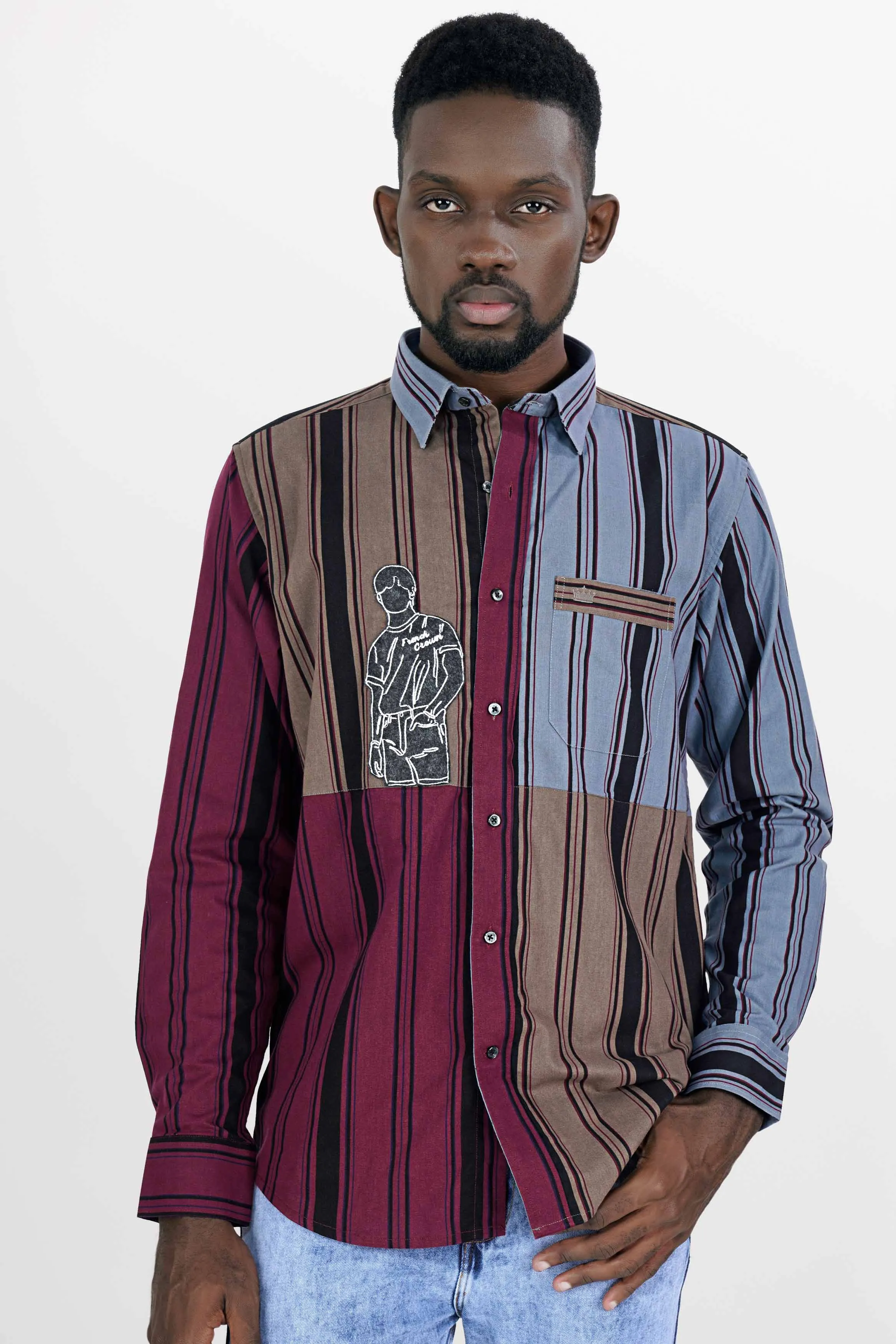 Aubergine Maroon and Fuscous Brown Striped with Funky Patchwork Royal Oxford Designer Shirt