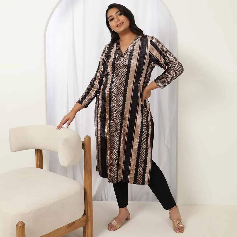 Black Beige Stripe Velvet Kurta