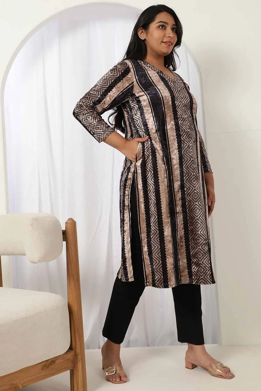 Black Beige Stripe Velvet Kurta