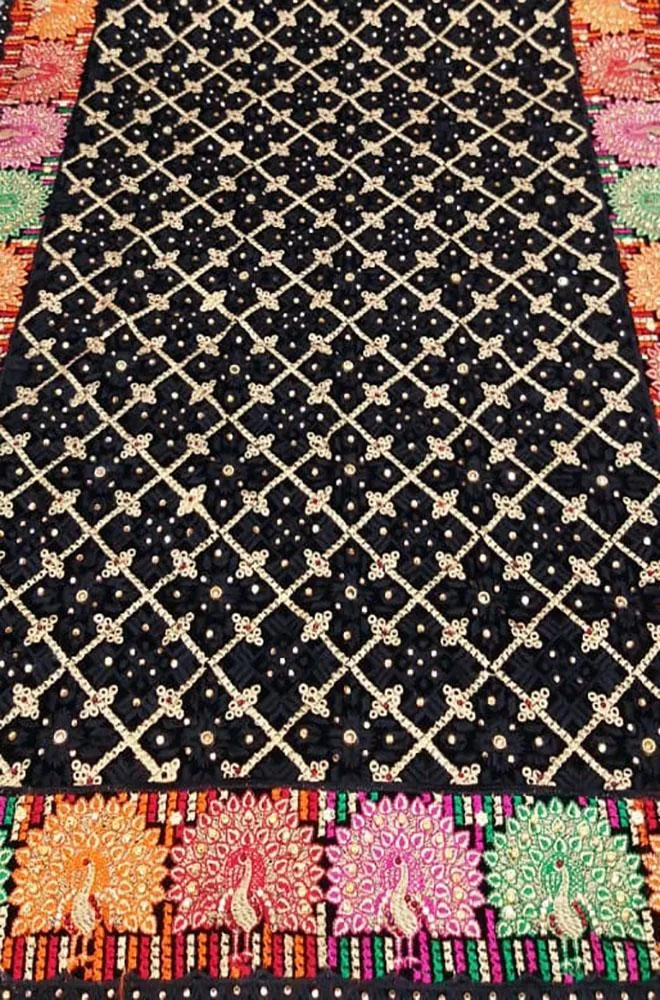 Black Embroidered Phulkari Velvet Dupatta