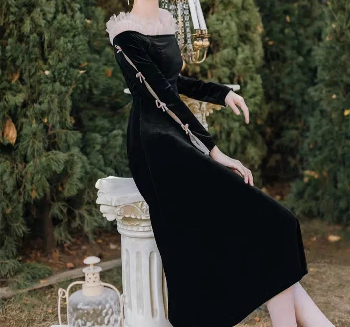 Black Velvet Boat Neck Dress