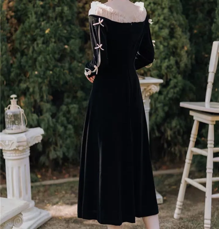 Black Velvet Boat Neck Dress