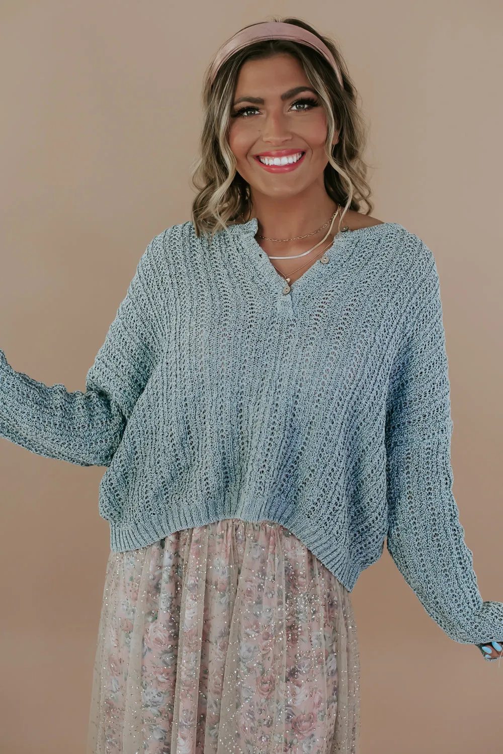 Button Relaxed Crochet Sweater, Mint