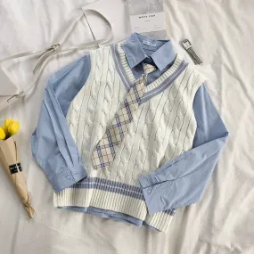 Chic blue shirt   vest KF90132