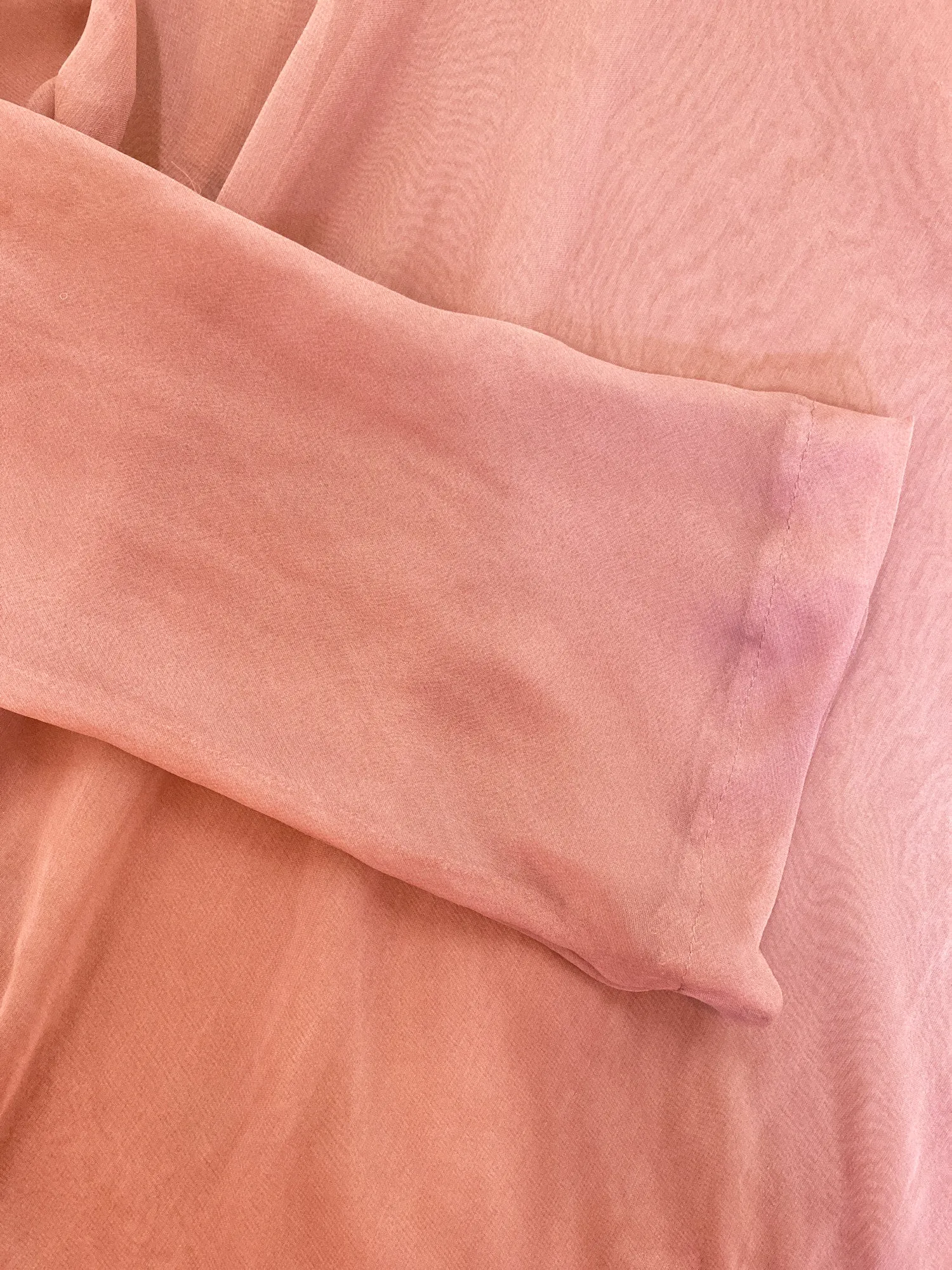 Comme des Garcons 1990s muted pink bias cut chiffon long sleeve top with frayed neckline