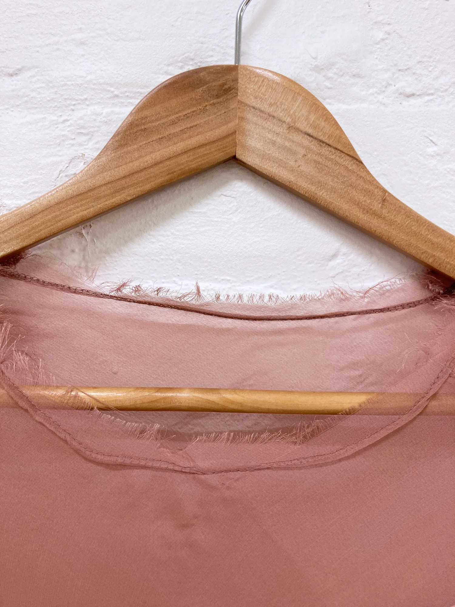 Comme des Garcons 1990s muted pink bias cut chiffon long sleeve top with frayed neckline