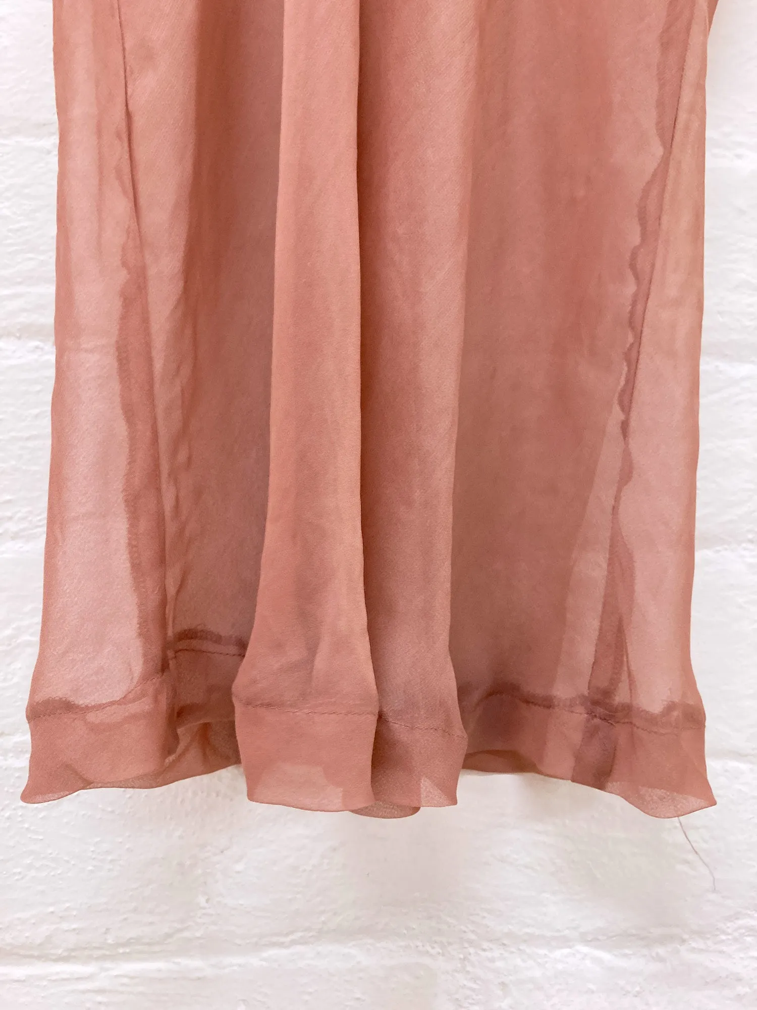 Comme des Garcons 1990s muted pink bias cut chiffon long sleeve top with frayed neckline