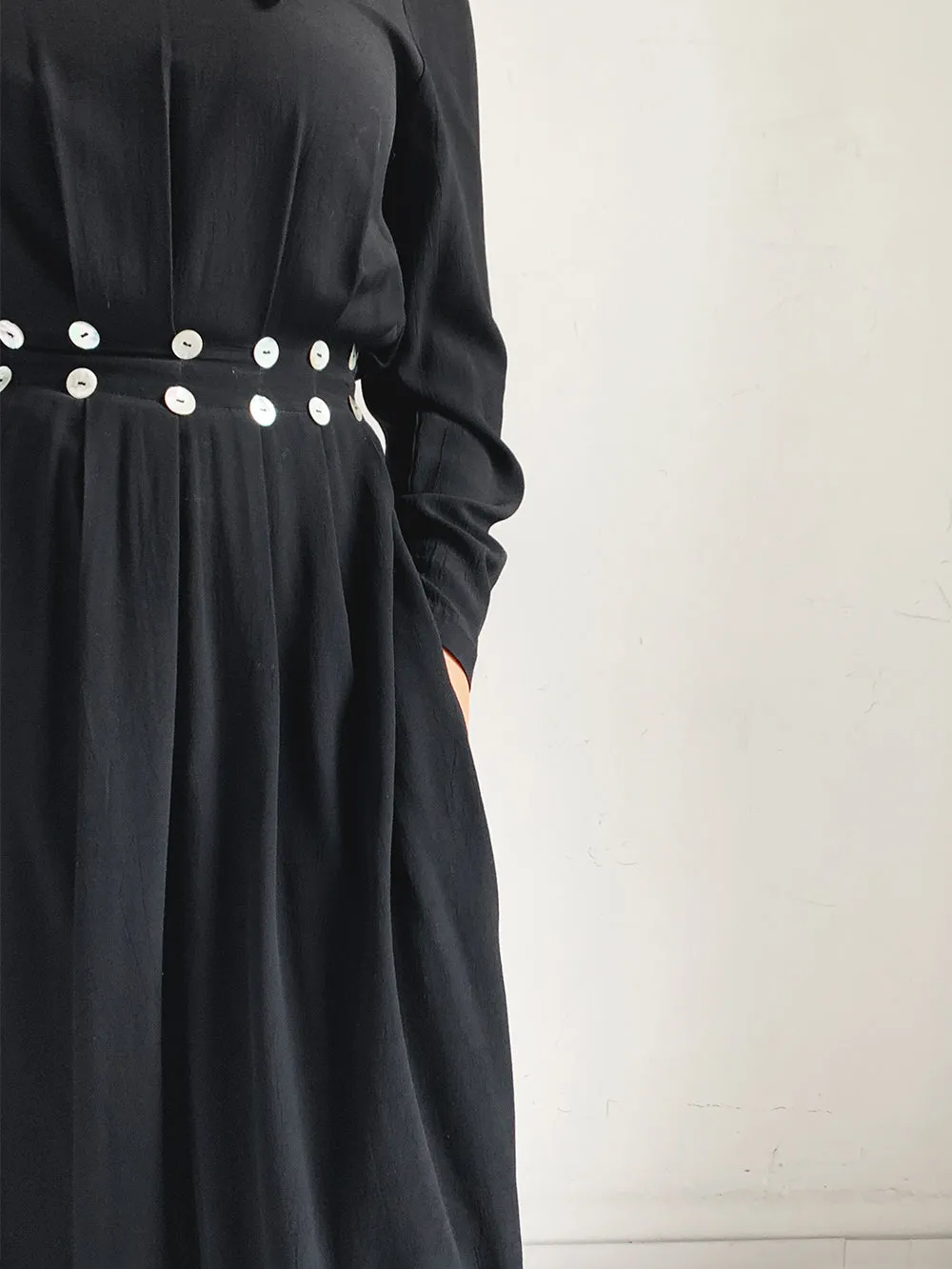 Davi Davich Black Crepe Rayon Maxi Dress With Button Belt