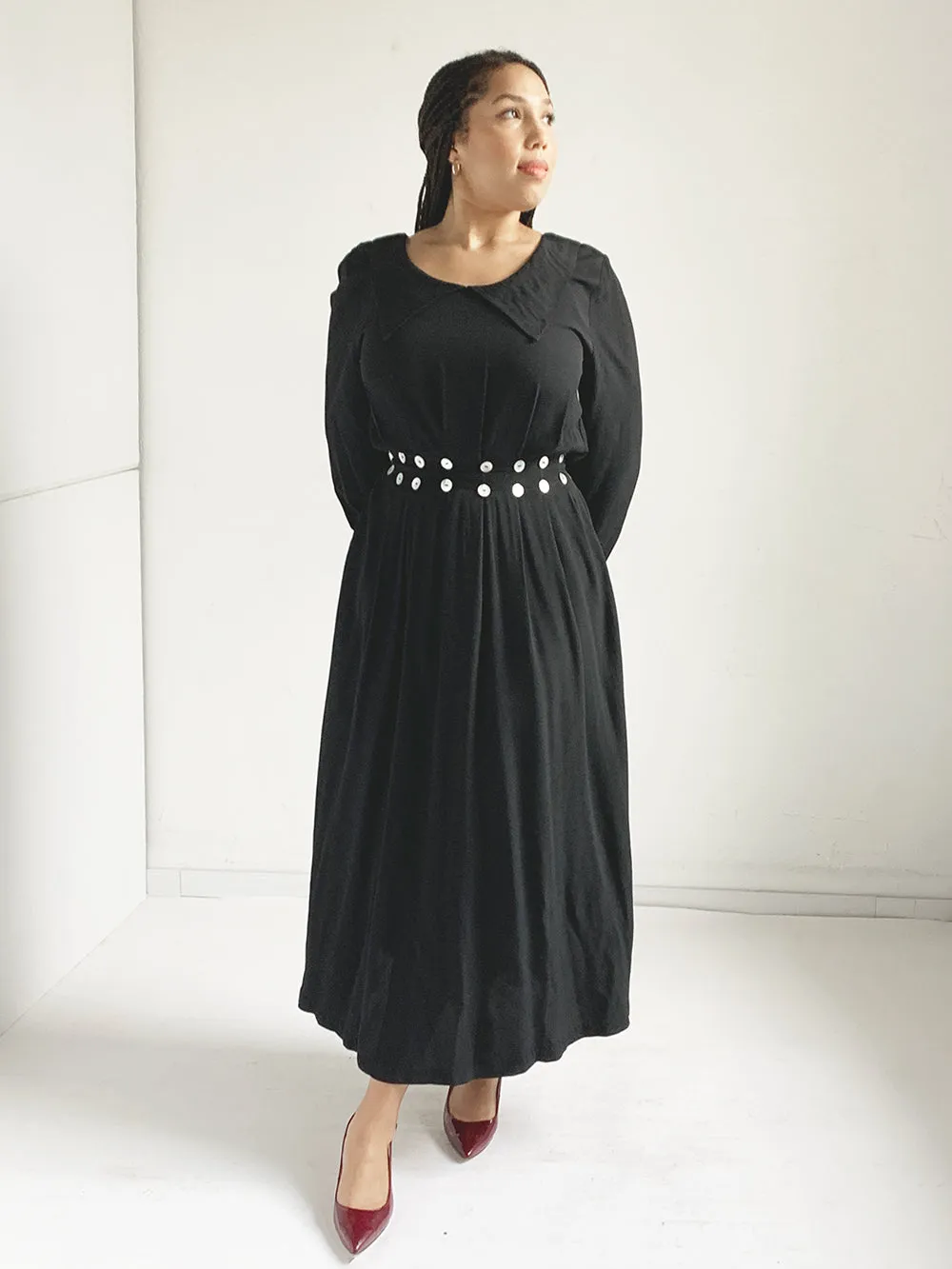 Davi Davich Black Crepe Rayon Maxi Dress With Button Belt