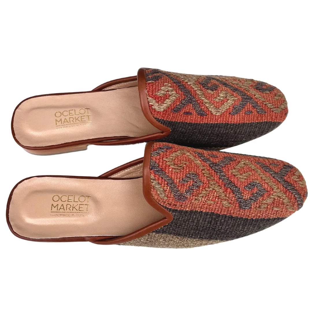 Men's Turkish Kilim Mule Muted Grey & Red