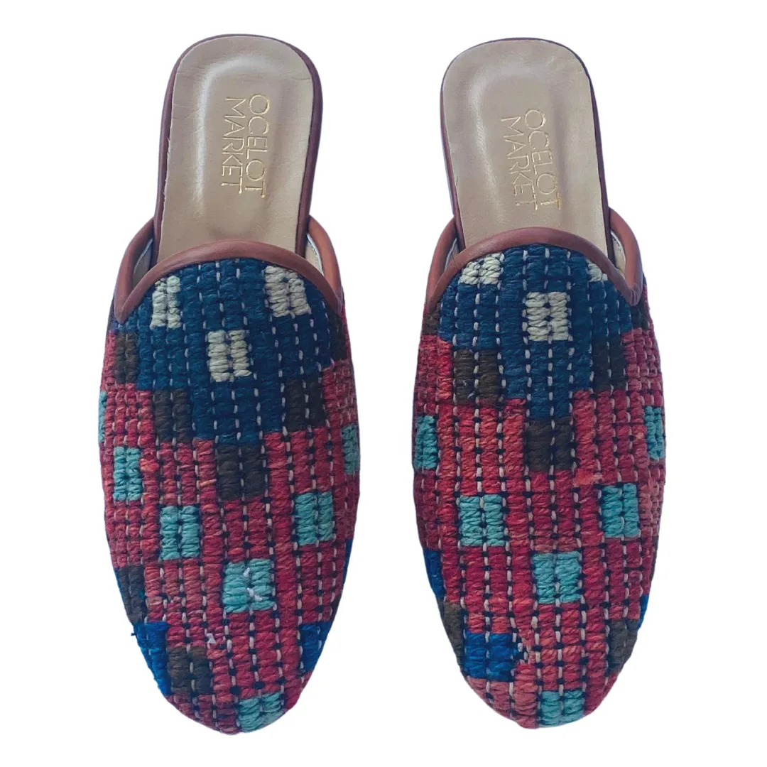 Men's Turkish Kilim Mules | Muted Blue & Red Pattern