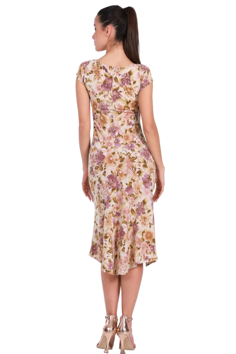 Muted Floral Bodycon Dance Dress With Front Ruffles And Gatherings