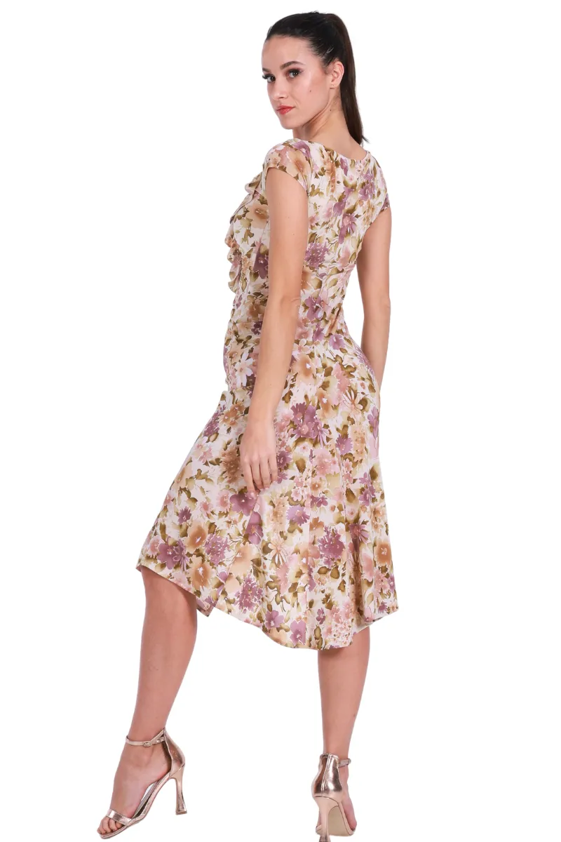 Muted Floral Bodycon Dance Dress With Front Ruffles And Gatherings