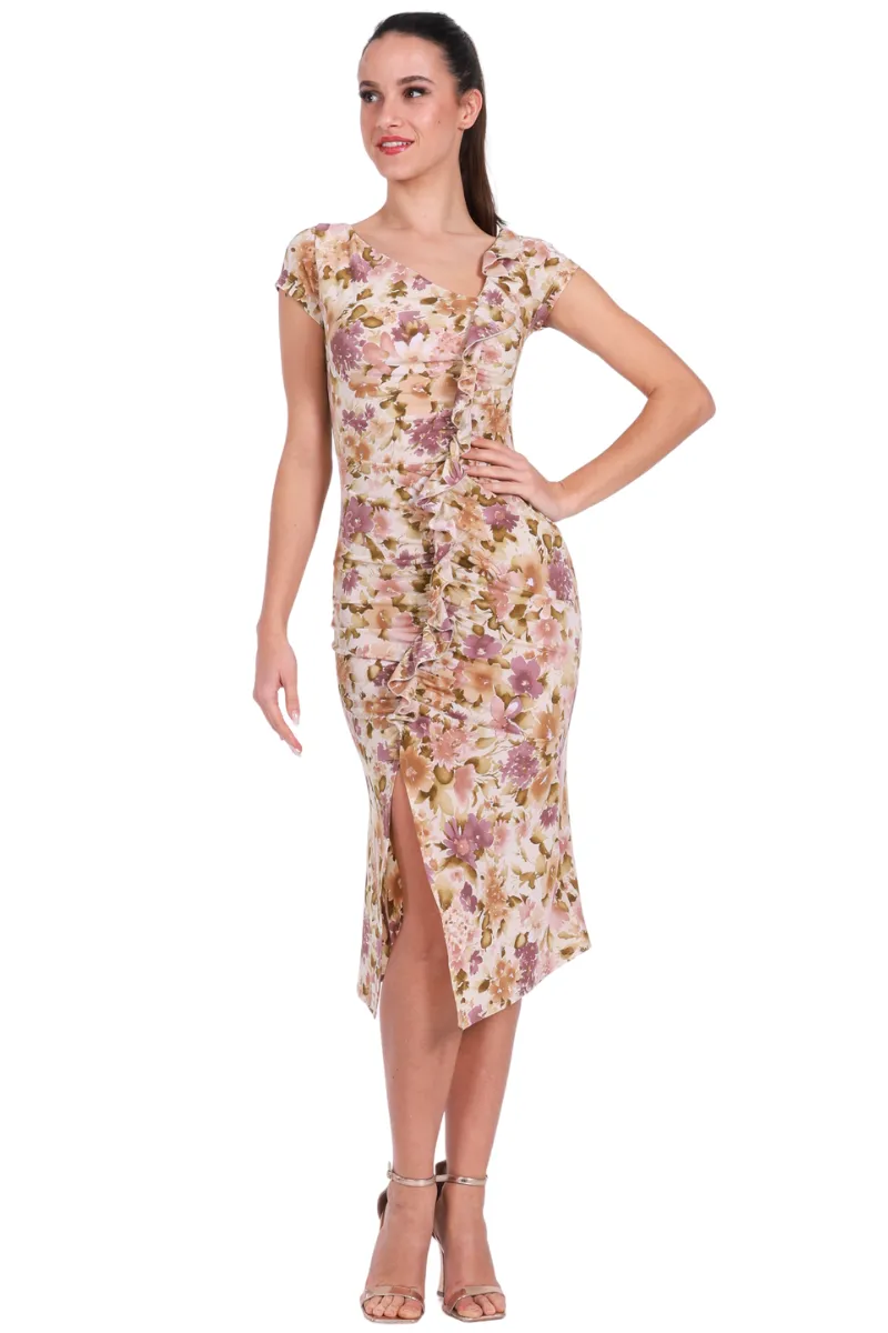 Muted Floral Bodycon Dance Dress With Front Ruffles And Gatherings