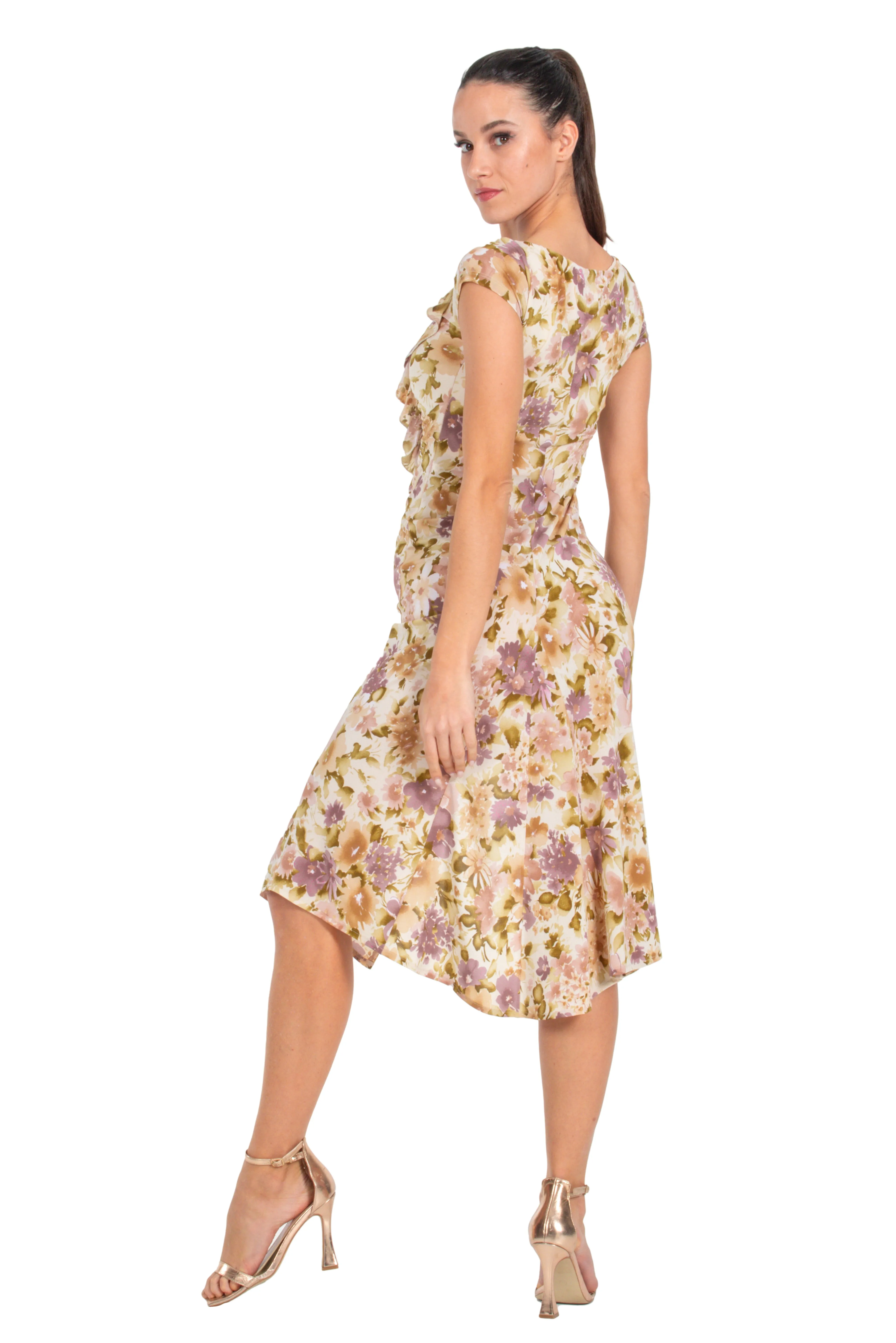 Muted Floral Bodycon Dance Dress With Front Ruffles And Gatherings