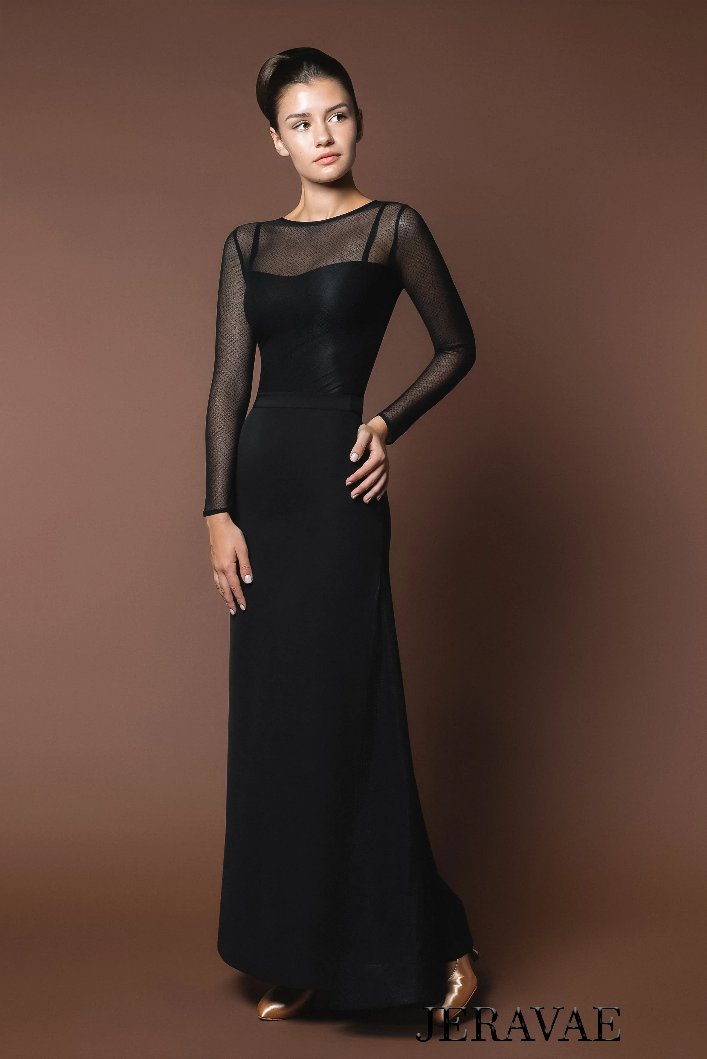 Sleek Ballroom Practice Dress with Mesh Panels, Long Mesh Sleeves, and Zipper Closure PRA 618