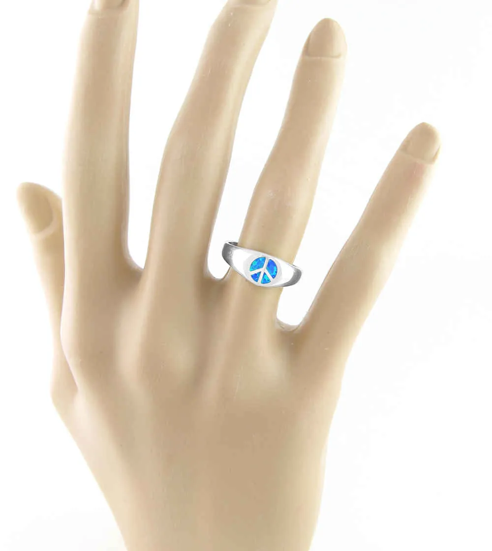 Sleek Peace Sign Symbol Ring With Lab Opal