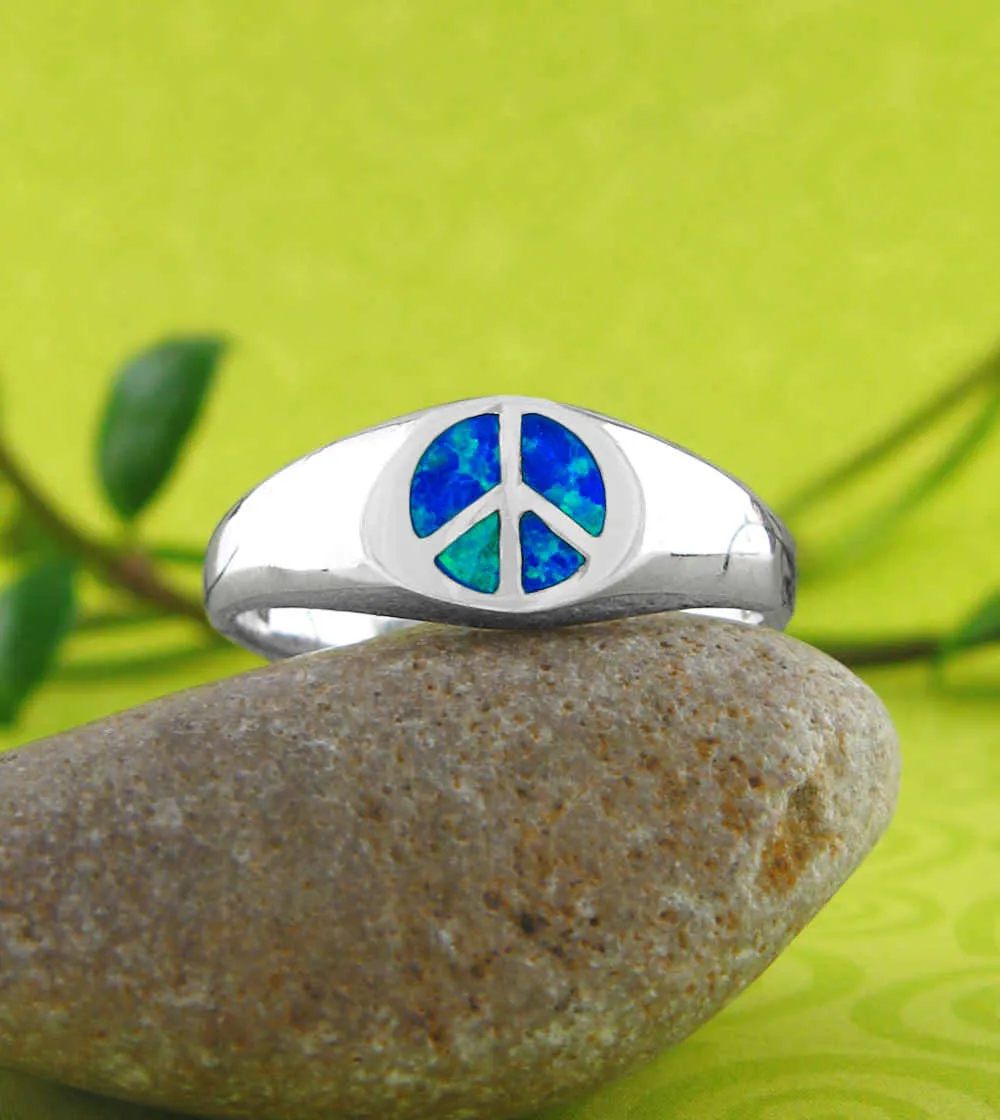 Sleek Peace Sign Symbol Ring With Lab Opal