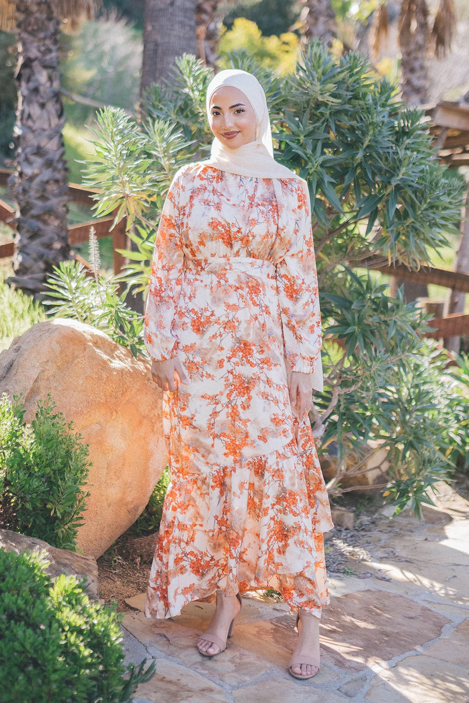 Thalia Satin Floral Chiffon Maxi Dress- Muted Peach